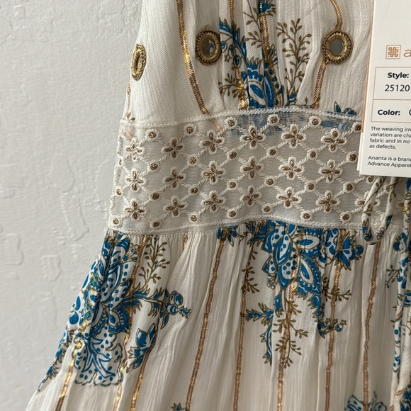 ANANTA S/M Blue Gold Metallic Lace Trim Boho Maxi Dress Made in India 25120 - Picture 6 of 11